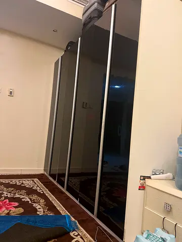 Large Black Gloss Sliding Door Wardrobe - 4 Doors, Good Condition