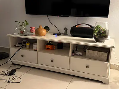 White TV Media Console with Drawers and Open Shelves