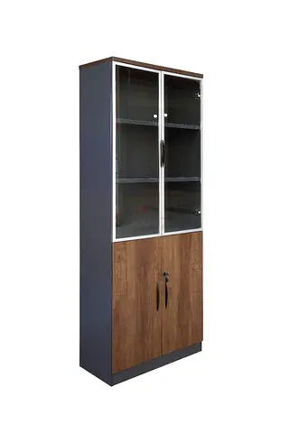 Tall Storage Cabinet with Glass Display and Wood Finish