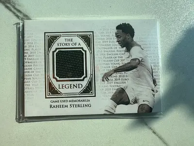 Raheem Sterling Futera Unique The Story of a Legend Game-Used Memorabilia Card 19/19 numbered.