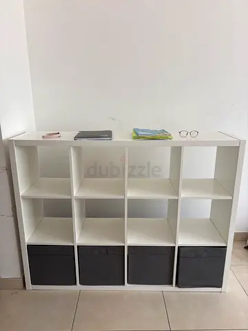 White 12-Cube Storage Unit with Grey Fabric Bins