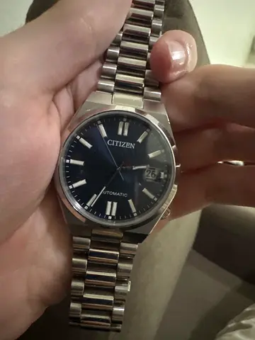 Citizen automatic mens wristwatch with stainless steel bracelet, blue dial