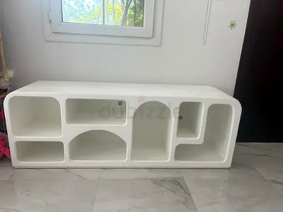 White modular low shelving unit / TV stand - unique geometric design