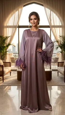 (Nebu Abaya ) Elegant Mauve Abaya with Feather Cuff Detail