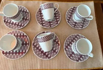 Cristofle Set of 6 Espresso Cups with Saucers - Patterned Porcelain