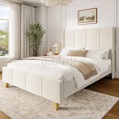 Tall headboard biege velvet queen bed with oak legs