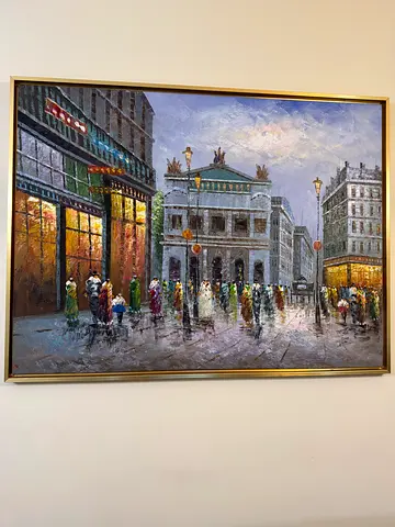 Framed City Street Scene Oil Painting (Large)لوحة مرسومة يدويا جميلة ألوانها دافئة 125/94