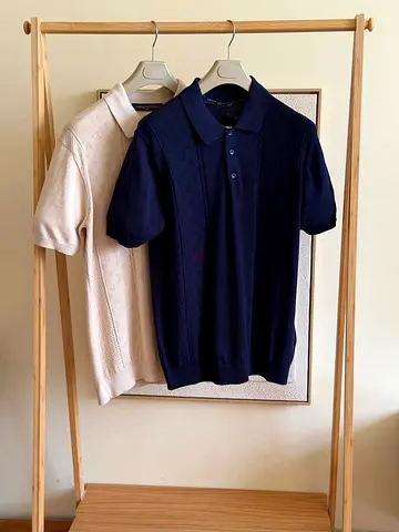 Lv Two mens knit polo shirts - navy and beige,