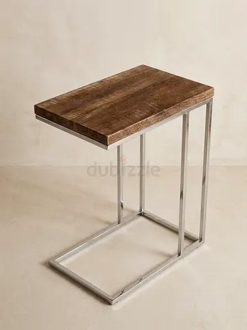 Wood Top C-Shaped Side Table with Chrome Frame