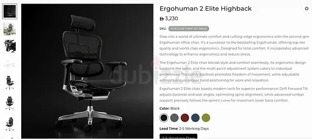 Ergohuman 2 Elite Highback Ergonomic Office Chair - Black