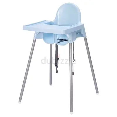 Baby high chair with safety straps - light blue