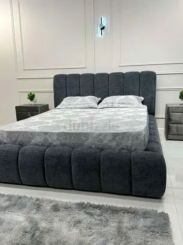 Modern Upholstered King Bed with Padded Headboard - Dark Grey