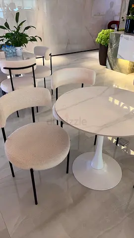 Set of 4 Modern Bouclé Dining Chairs with Marble-Effect Tulip Table