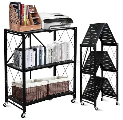 Foldable Rolling Storage Shelf Unit with 3 Tiers - Black