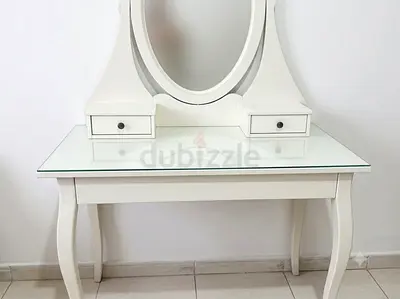 White Wooden Dressing Table with Oval Mirror and Glass Top