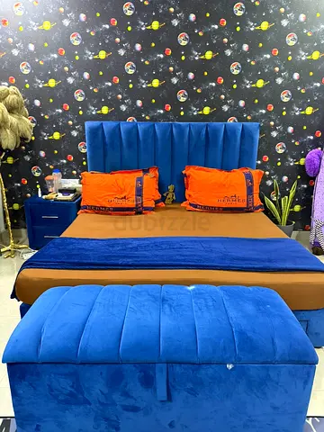 Blue Velvet Bed with Matching Ottoman - King Size Look