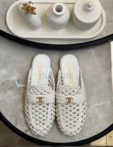 Chanel white woven mule slides,