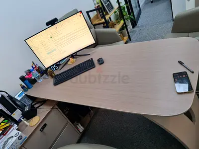 Large modern office desk with storage — light wood finish
