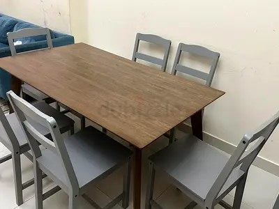 Solid Wood Dining Table with 4 Chairs — Light Brown Top, Grey Chairs