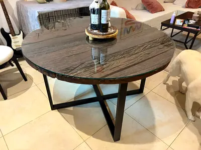 Round Solid Wood Dining Table with Metal Base - Rustic Finish