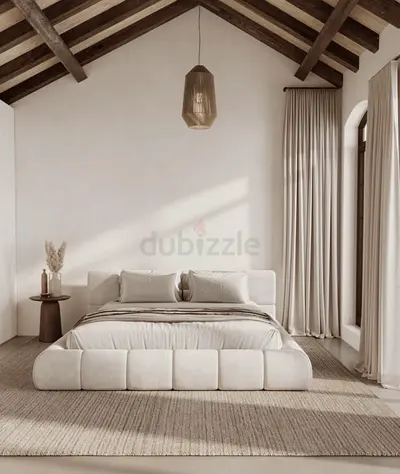 modern upholstered platform bed, white velvet with mattress