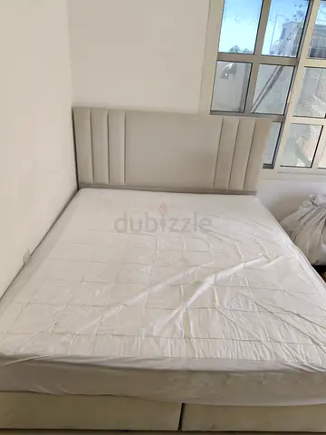 King size upholstered bed with headboard and base - light beige
