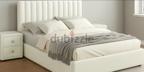 Brand New Modern white upholstered king size bed with padded headboard and mattress