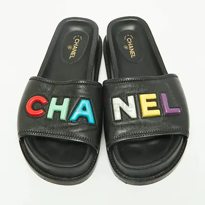 Chanel black leather slides with multicolor logo - size 38