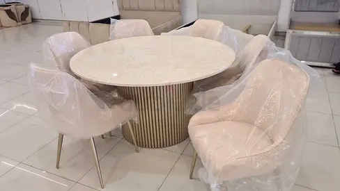 Round Marble-Top Dining Table with 6 Upholstered Chairs - Light Beige