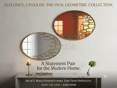 Set of 2 Decorative Oval Wall Mirrors with Geometric Accent