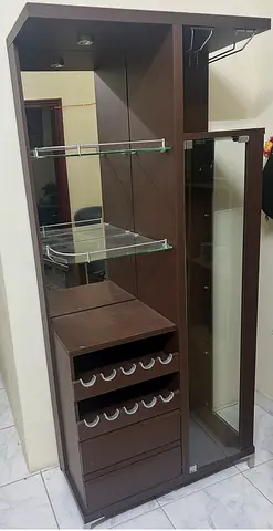 Dark Wood Hallway Storage Unit with Mirror, Shelves and Wine Rack