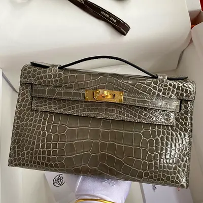 Hermes Kelly Pochette In Taupe Shiny Alligator Leather