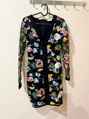 Black Mesh Dress with Multicolor Floral Embroidery, Long Sleeves - Size small all dresses