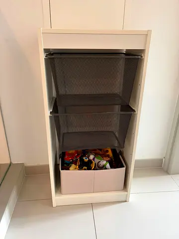 IKEA white storage unit with 2 mesh drawers and toy box