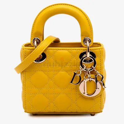 Authentic Dior Yellow Micro Lambskin Cannage Lady Dior