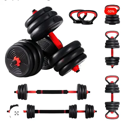 Adjustable Dumbbell Set — Convert to Barbell and Kettlebell (Black/Red)
