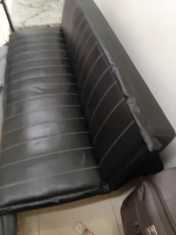Used Black Faux Leather Sofa Bed - Compact 2-3 Seater