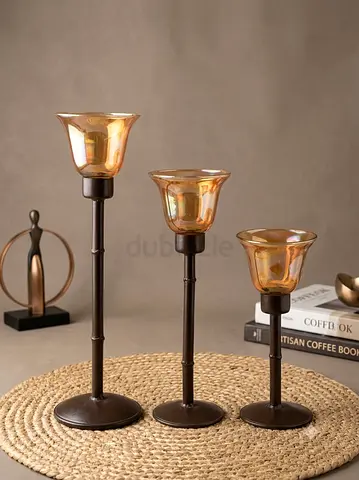 Set of 3 Amber Glass Candle Holders with Bronze Stands