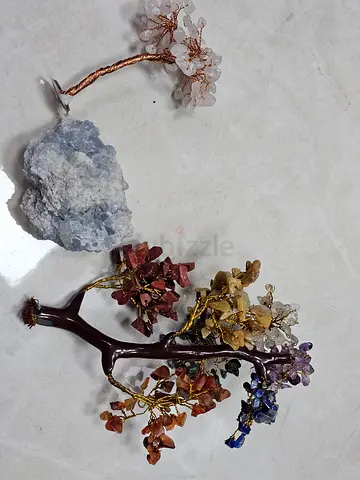Set of Decorative Gemstone Tree Sculptures with Raw Mineral Specimen