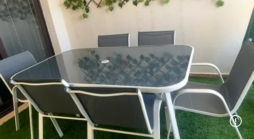 Outdoor 6-piece Glass Top Dining Set with Grey Sling Chairs