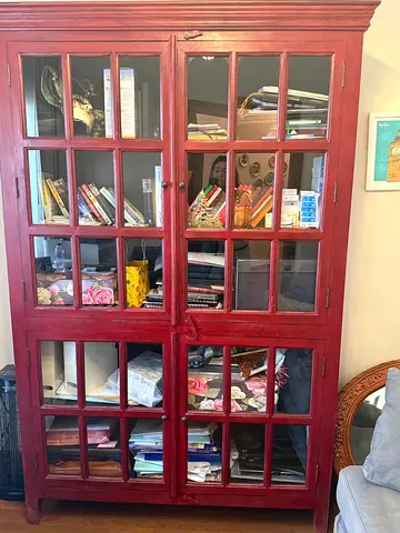 Crate  Barrel Solid Wood Red Glass-Door Cabinet / Bookcase - Large Storage