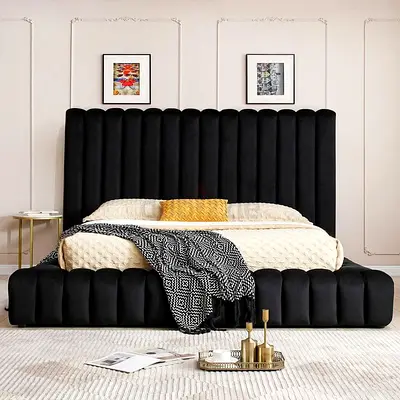 Modern Velvet King Bed Frame with Padded Headboard - Black