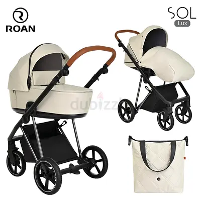 Roan Sol Lux 3-in-1 Pram Stroller with Carrycot and Bag - Cream