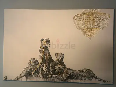 Large Contemporary Canvas Painting of Three Lions with Chandelier Accent