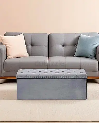 Gray velvet nailhead trim Ottoman storage bench