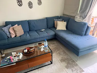 Blue L-shaped Fabric Sofa with Chaise - Good Condition