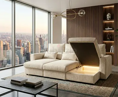 Comfortable Sectional Sofa Bed Modern cream L-shaped sofa with hidden storage and easy bed conversio
