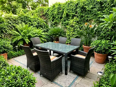 Premium Garden Dining Table Set Elegant outdoor dining set with six comfortable armchairs and a dur