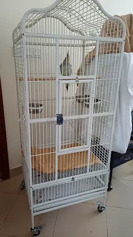 Large white metal bird cage on wheels with perches and feeders