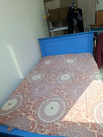 Blue Double Bed with Mattress and Bedding